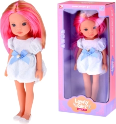 Nukk pikkade roosakas-blondide juustega, valges kleidis sinise lipsuga 33 cm