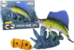 Mõõkvaala figuur korallrahul koos kalakestega