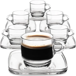 Klaasist espresso tassid ruudukujuliste alustaldrikutega 75 ml, komplekt 6 tk
