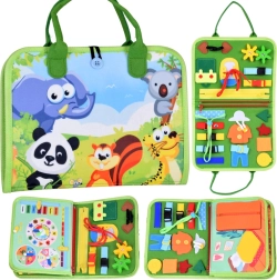 Tekstiilist Montessori tegevusraamat loomade ja kelladega