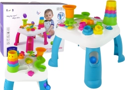 Interactive educational table with marble slide and shape sorter – blue
