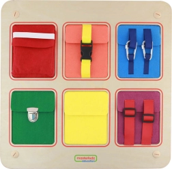 Masterkidz wooden wall-mounted busy board with pockets, buckles, and Velcro
