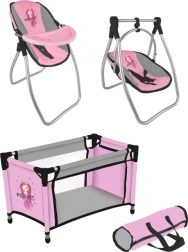 Nukunukkude komplekt princess pink grey – reisivoodi ja 2-ühes söögitool koos kiigega