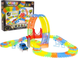 Fluorestseeruv võidusõidurada lastele 3+ elastsete osadega, 157 osa, LED-autoke ja 360° silmus