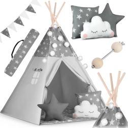 Laste teepee NUKIDO tulede ja vanikuga – hall tähekestega