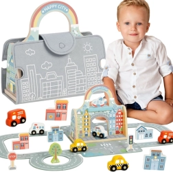 Tooky Toy kaasaskantav mini linn – puidust komplekt teede ja autodega
