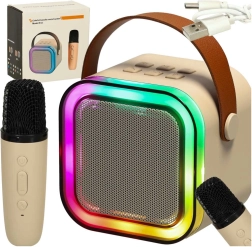 Kaasaskantav karaoke komplekt Bluetoothi, mikrofoni ja LED-valgustusega – beež