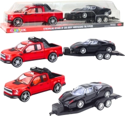 Punase maastikuauto komplekt lahtikäiva haagise ja musta sportautoga 59 cm