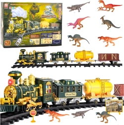 Klassikaline elektriline rongirada dinosaurustega ja RC-kaugjuhtimisega, tuled, helid ja suits – 39 osa
