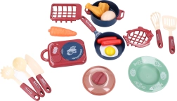 Kids’ kitchen set with stove, dishes, and play food