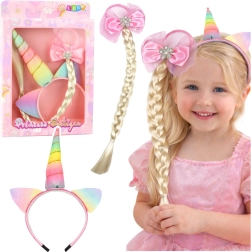 Headband and Hair Tie Set with Braid Unicorn, Pastel Bow
