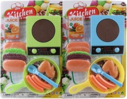Children's kitchen set with stove, frying pan, and food