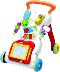 Baby walker with a magic drawing board, phone, and battery-powered organ