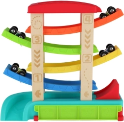 Kaskaadne võidusõiduraja komplekt väikestele autodele, 4 autot, puit ja plast, 33 × 32 × 10 cm