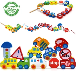 Woopie Green puidust lükitavad helmed – sõidukid, 13 tk