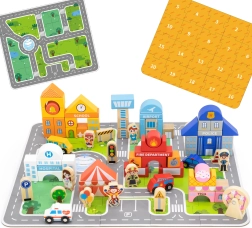 Viga Wooden City Building Set with Puzzle Mat and Figures