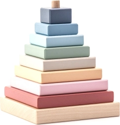 Cubika pastel-colored pyramid – wooden stacking toy, 9 pieces