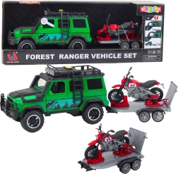Off-road car with trailer and motorcycle with lights and sounds – green