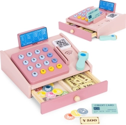 Puidust kassamasin lastele koos skanneri, müntide ja maksekaardiga