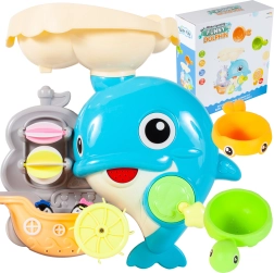 Bath toy dolphin with yellow and fish scoops