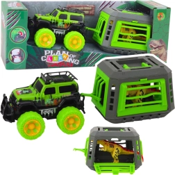 Maastikuauto puuri ja T‑Rex dinosaurusfiguuriga