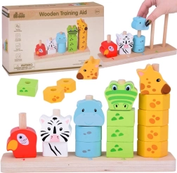 Puidust virnastamismäng loomadega värvide ja numbrite õppimiseks