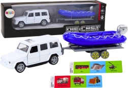 Maastikuauto haagise ja mootorpaadiga