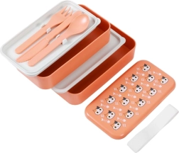 Orange lunch box with a kitty, spoon and fork