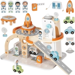 Tooky Toy puidust kosmosejaam parkla ja raketiga