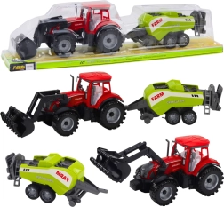 Punane traktor laaduri ja heinapressiga – plastikust talumänguasi