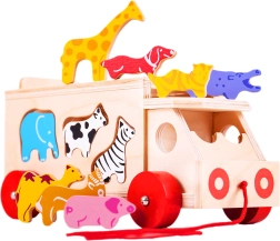Bigjigs Toys puidust järelveetav loomadega sorteerimisauto