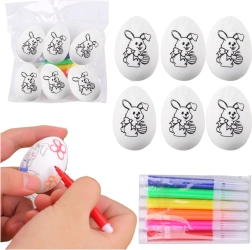 Styrofoam Easter eggs for painting with bunny pattern, 6 pcs with markers