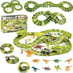 Suur dinosauruste võidusõiduraja komplekt autokese ja figuuridega