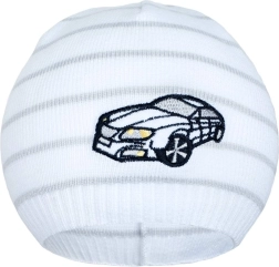 Spring knitted beanie New Baby with little car white/light grey
