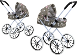 Doll Stroller with Large Wheels and Folding Canopy - Grey with Stars and Clouds