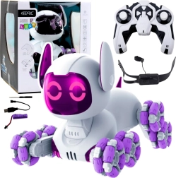 Interaktiivne robotkoer TOOBY kaugjuhtimisega 4WD, 360°, LED ja helid – valge‑lilla