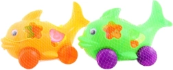 Pull-along shape sorter fish on wheels with building shapes