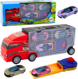 Punane veok mobiilse garaaži ja väljalaskjaga + 3 väikest autot