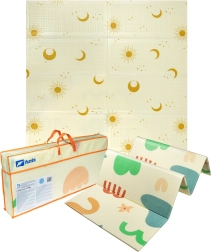 Suur kahepoolne kokkupandav XPE vahtmatt HUMBI 200 × 180 cm päikese ja kuu mustriga