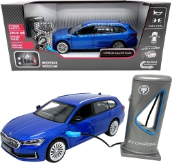 Metallist mudel Škoda Superb IV Combi koos laadimisjaamaga, sinine 1:35