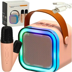 Karaokekomplekt Bluetooth-kõlariga, 2 juhtmevaba mikrofoni ja 6 W LED-valgustusega – roosa