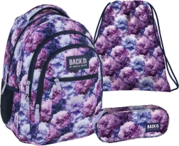 Koolikomplekt BackUP Violet Flowers 3in1 – seljakott, pinal ja kott