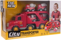 Fire Truck Set with Transporter Truck – Carrier and 4 Cars with Lights and Sounds