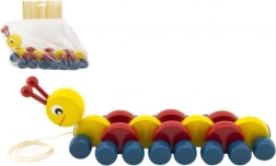 Värviline puidust järelveetav röövik 27 cm