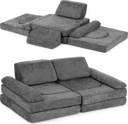 Kokkupandav modulaarne laste diivan 2 lapsele, 10-osaline, pehmest polsterdatud kangast – hall ECOTOYS