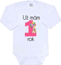 Baby bodysuit with print New Baby I am already 1 year old, pink, size 86