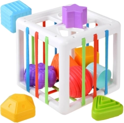 Väikelaste sorteerimiskuubik elastsete rihmadega