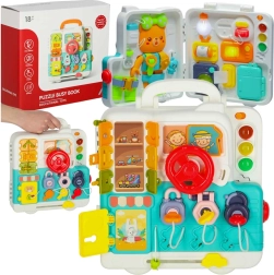 Meeleliste oskuste manipuleerimistahvel roolikujulise kohvrina, rool ja karuke, valgus ja heli