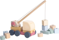 Cubika pastelse auto-kraana magnetiga – puidust kokkupandav mänguasi 14 osaga