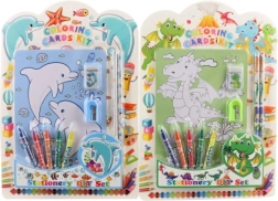 School set with coloring book, colored pencils and accessories